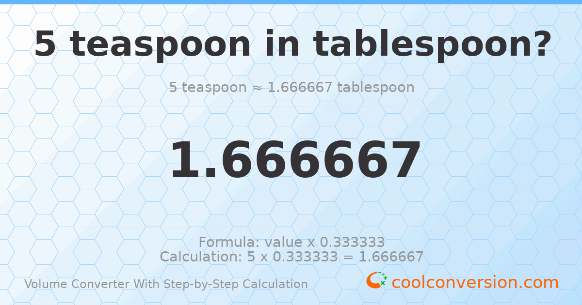 5 Teaspoons = 1.66667 Tablespoons