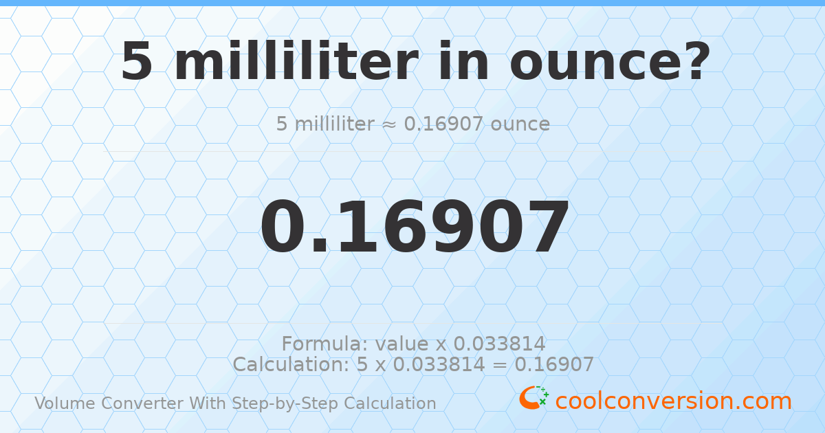 5 milliliters = 0.16907 ounces