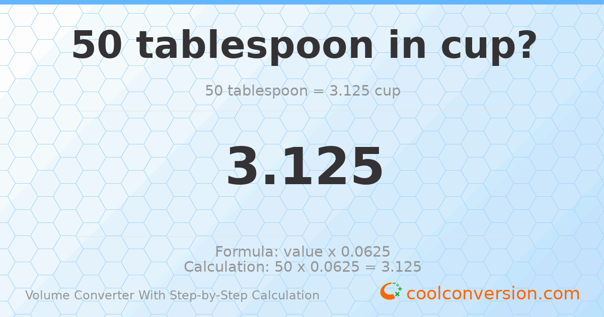 50 Tablespoons = 3.125 cups