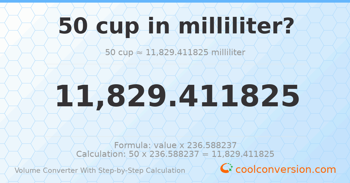 50 cups = 11829.4 milliliters