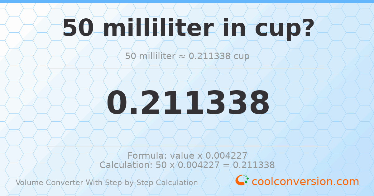 50 milliliters = 0.211338 cups