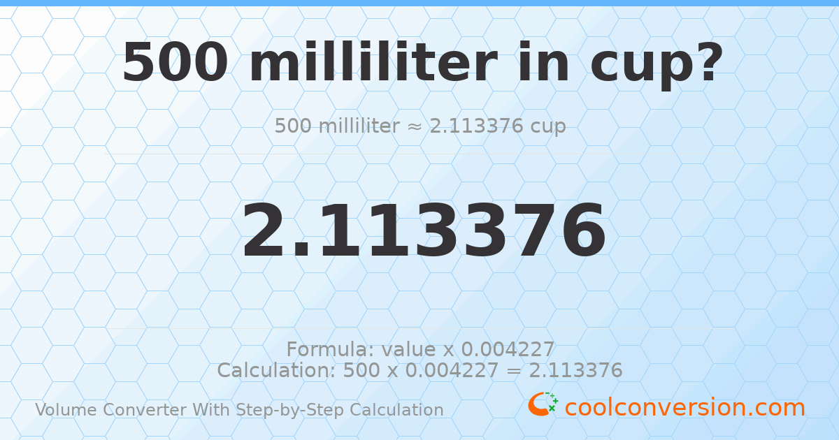 500 milliliters = 2.11338 cups