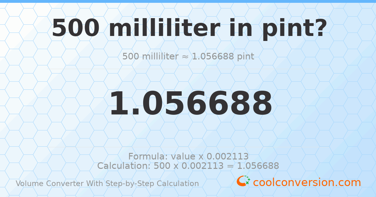 500 milliliters = 1.05669 pints