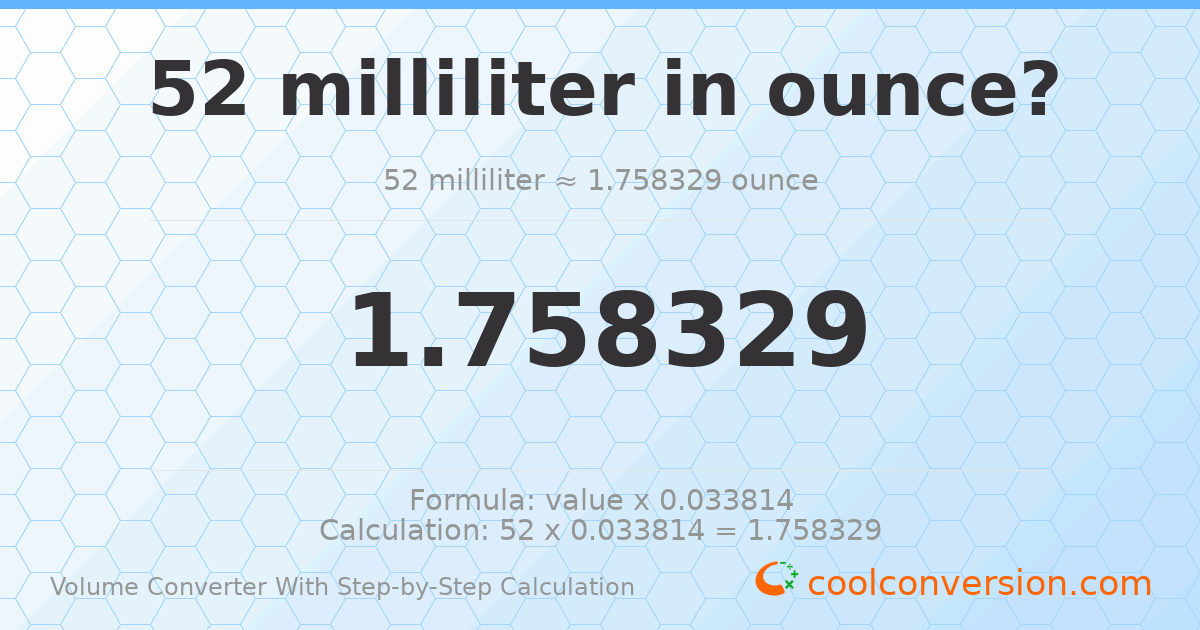 52 milliliters = 1.75833 ounces
