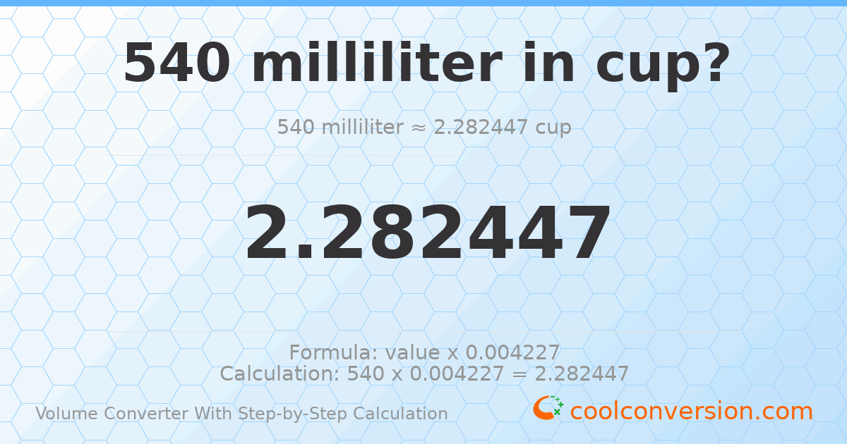 540 milliliters = 2.28245 cups