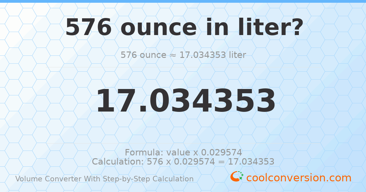 576 ounces = 17.0344 liters