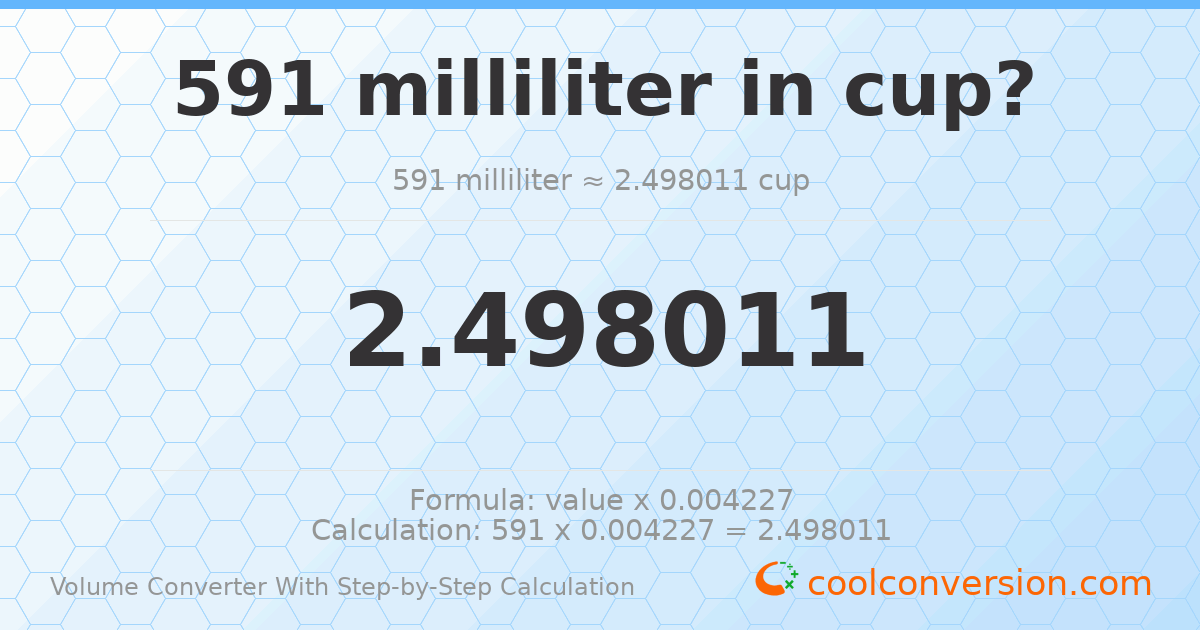591 milliliters = 2.49801 cups