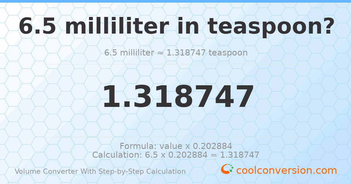 6.5 milliliters = 1.31875 Teaspoons