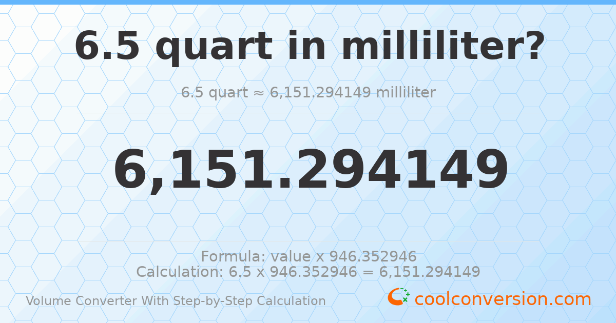6.5 quarts = 6151.29 milliliters