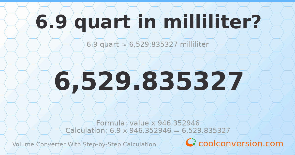 6.9 quarts = 6529.84 milliliters