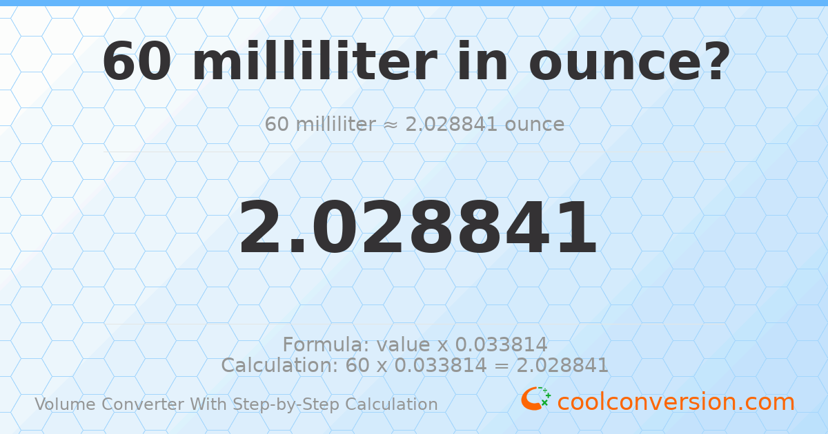 60 milliliters = 2.02884 ounces