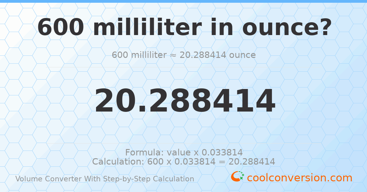 600 milliliters = 20.2884 ounces