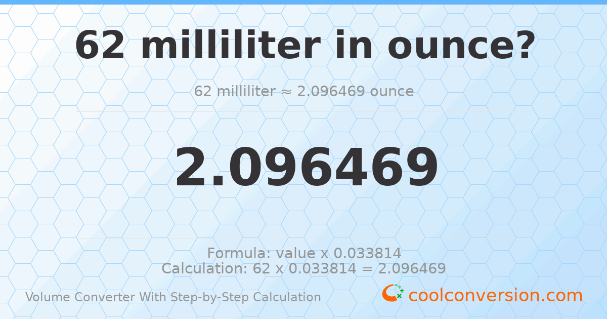 62 milliliters = 2.09647 ounces