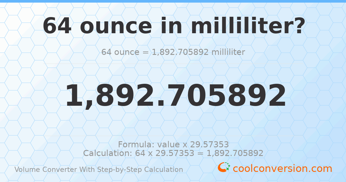 64 ounces = 1892.71 milliliters