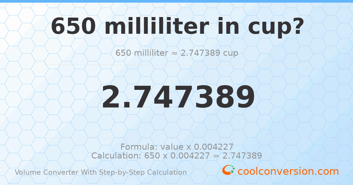 650 milliliters = 2.74739 cups