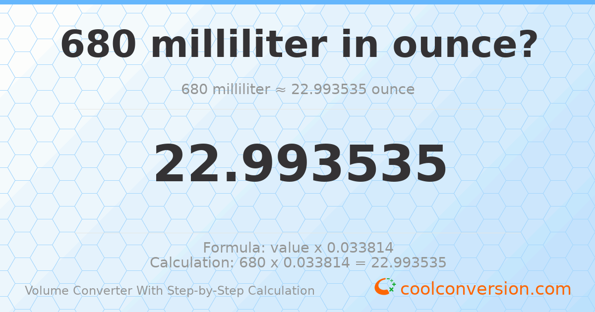 680 milliliters = 22.9935 ounces