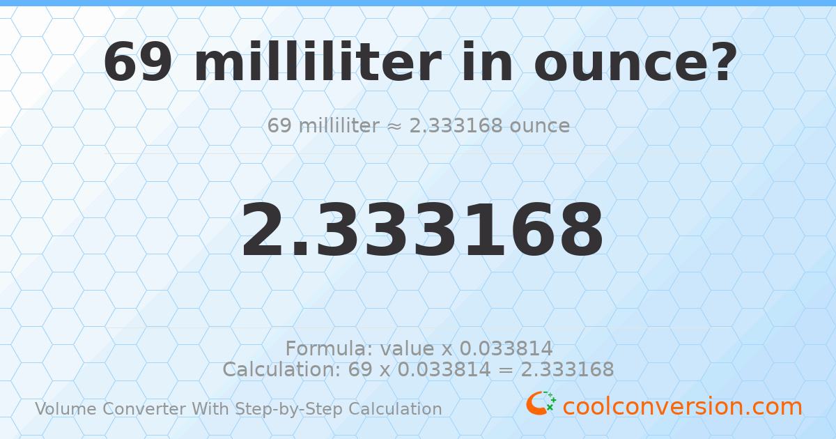 69 milliliters = 2.33317 ounces
