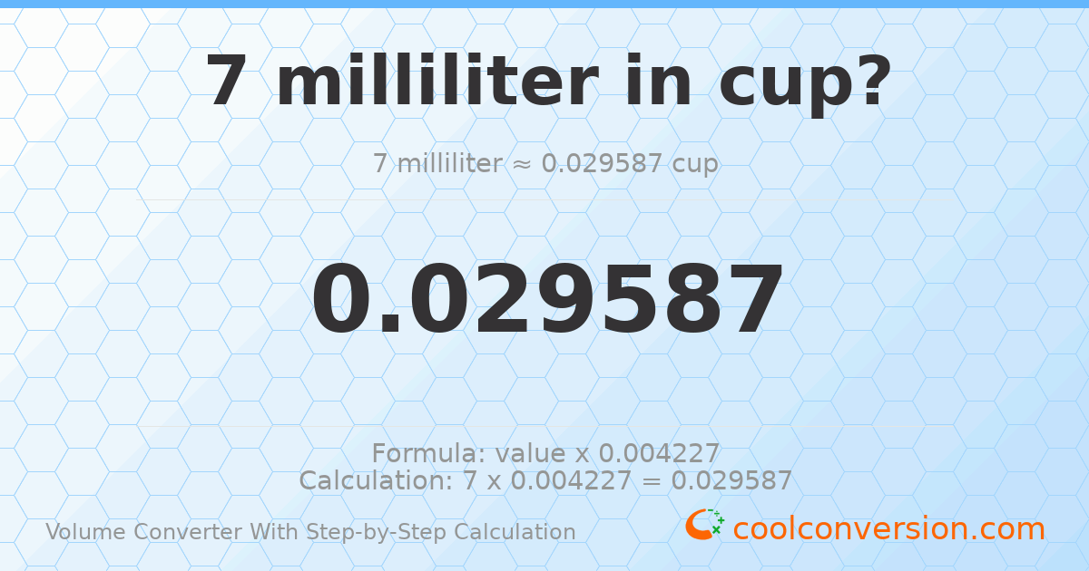 7 milliliters = 0.0295873 cups