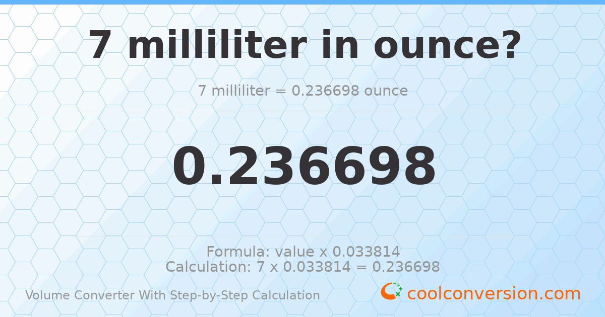 7 milliliters = 0.236698 ounces