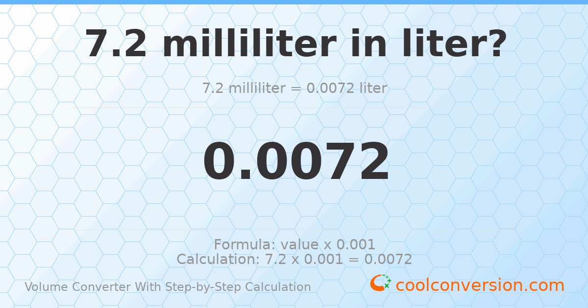 7.2 milliliters = 0.0072 liters