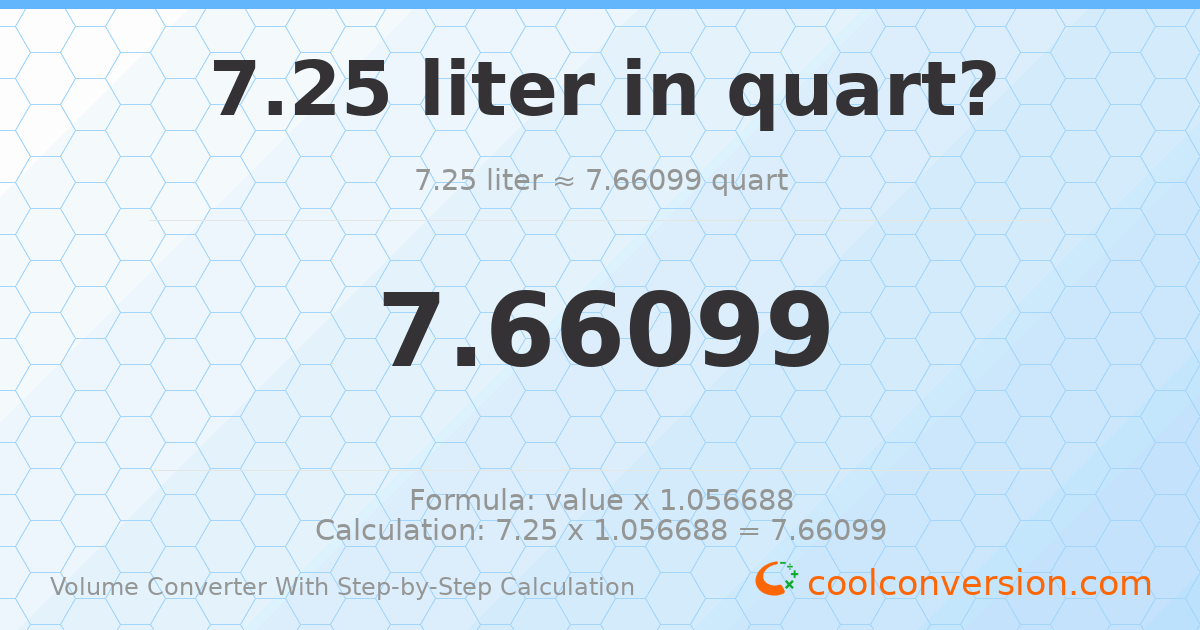 7.25 liters = 7.66099 quarts