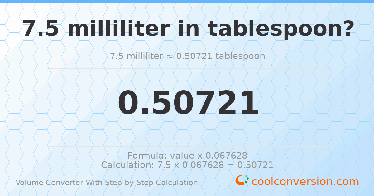 7.5 milliliters = 0.50721 Tablespoons