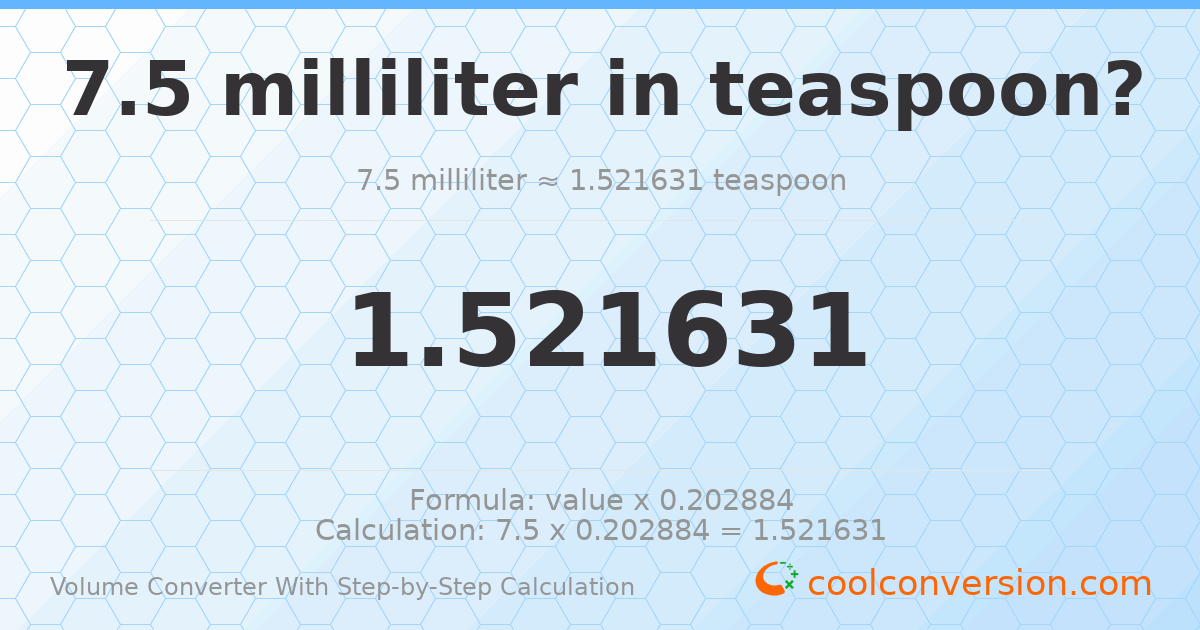 7.5 milliliters = 1.52163 Teaspoons