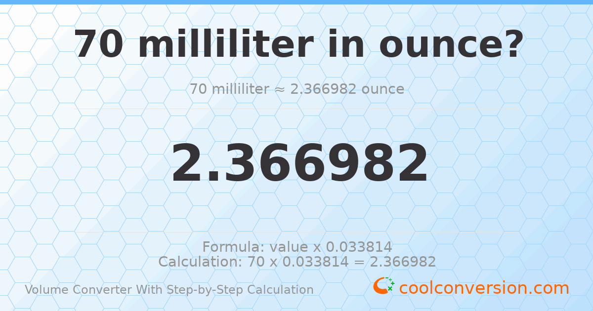 70 milliliters = 2.36698 ounces