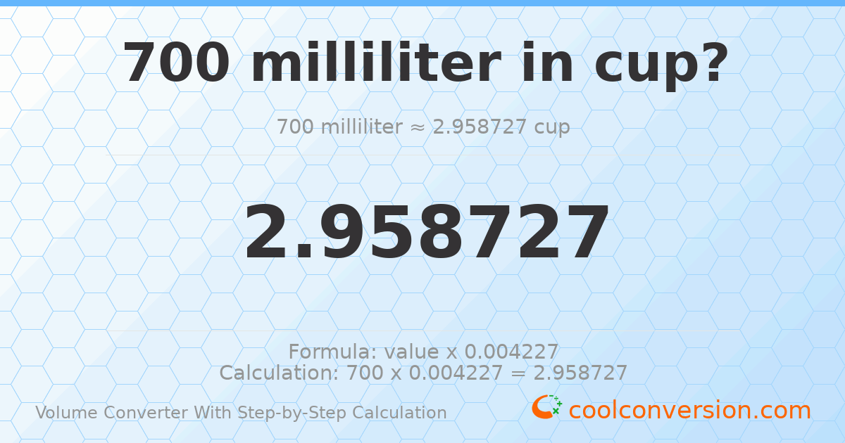 700 milliliters = 2.95873 cups
