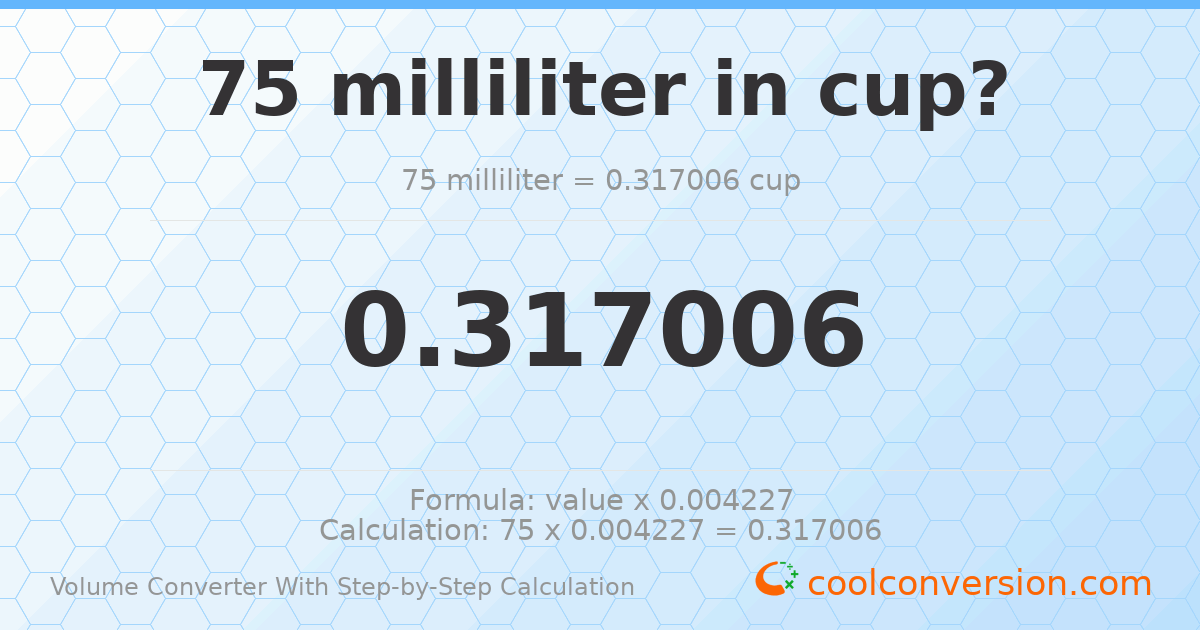 75 milliliters = 0.317006 cups