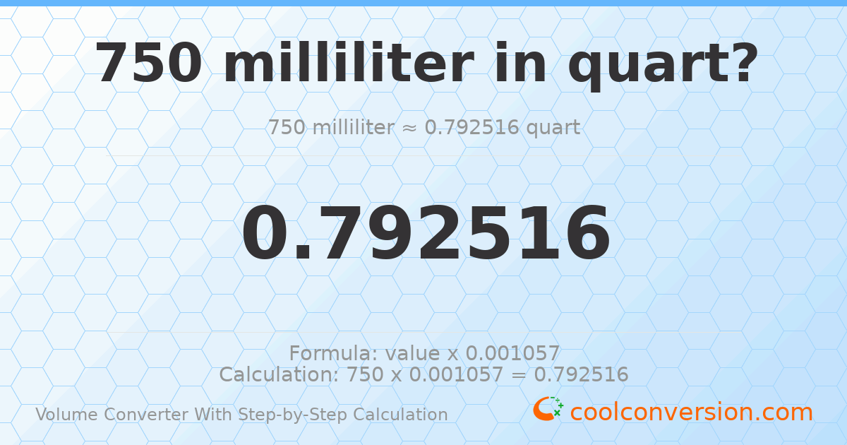 750 milliliters = 0.792516 quarts