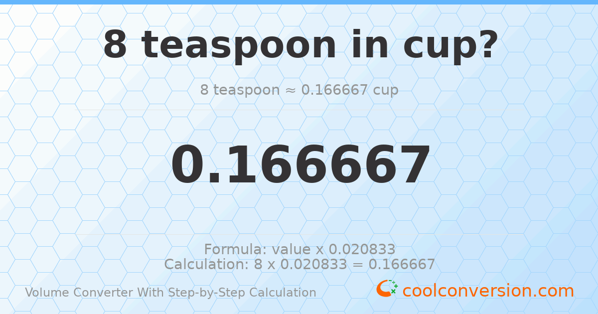 8 Teaspoons = 0.166667 cups