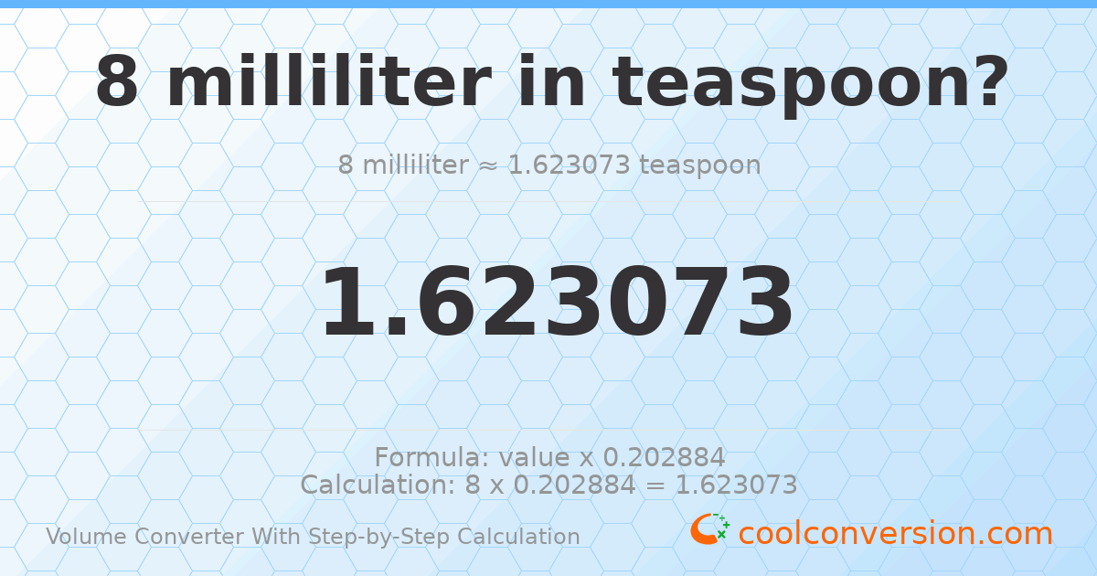 8 milliliters = 1.62307 Teaspoons