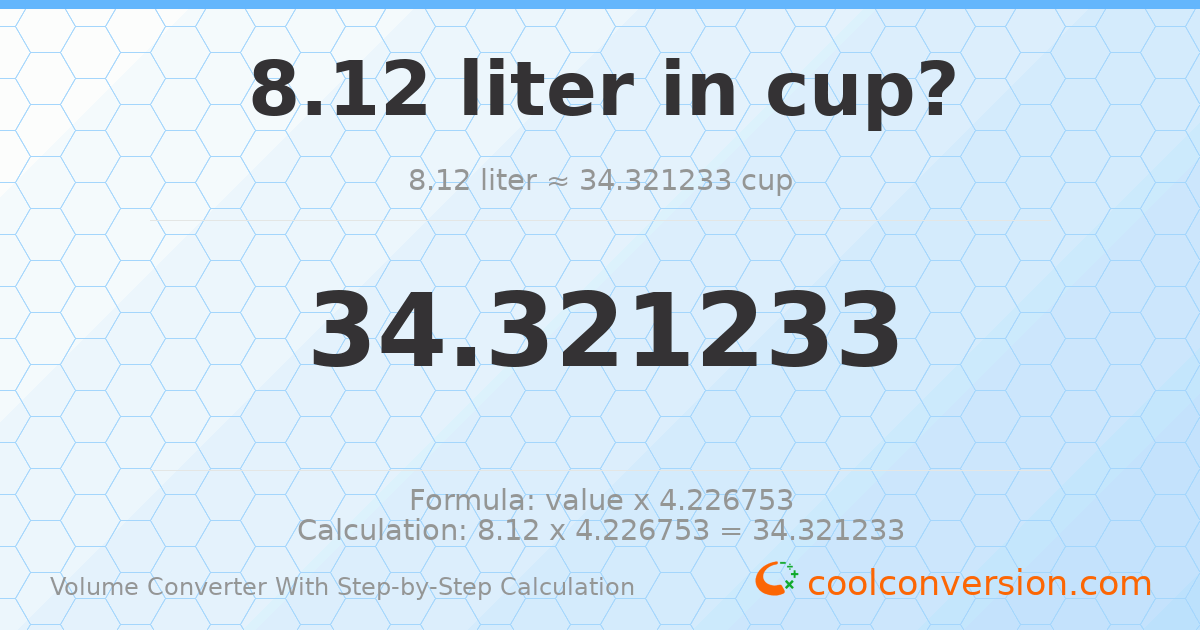 8.12 liters = 34.3212 cups