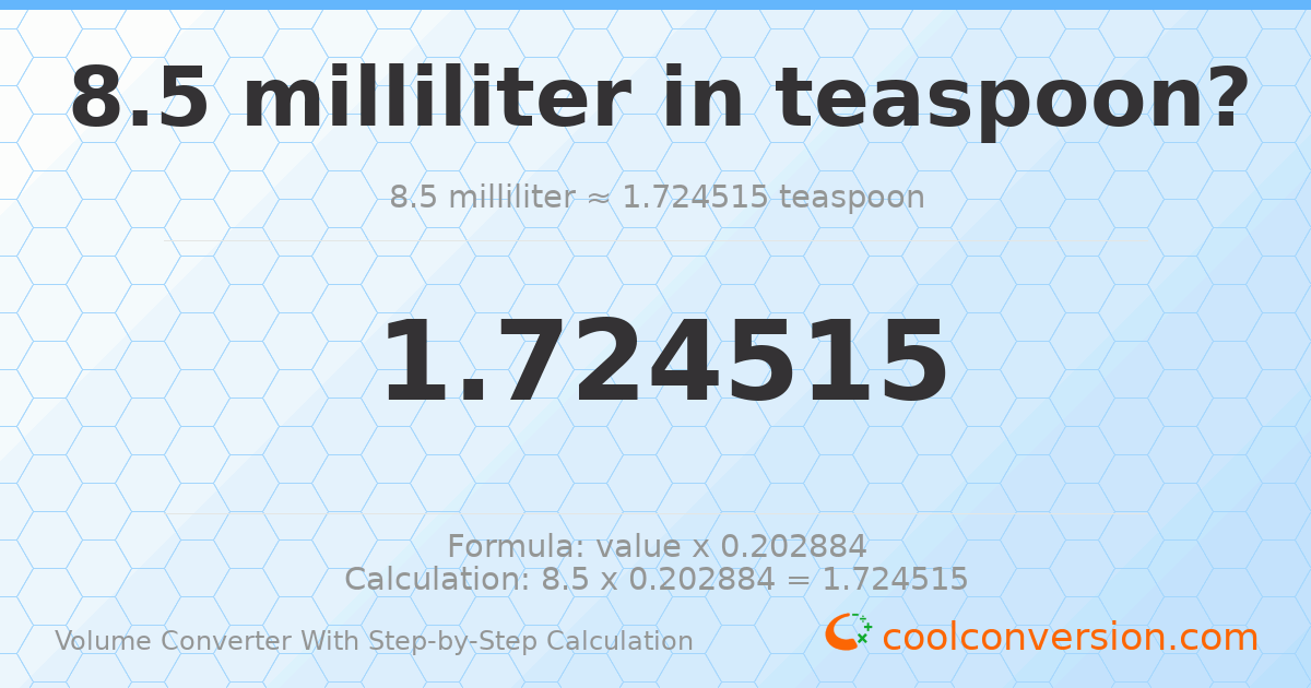 8.5 milliliters = 1.72452 Teaspoons