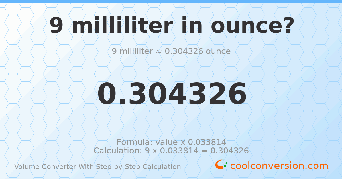9 milliliters = 0.304326 ounces