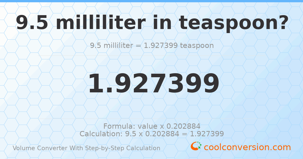 9.5 milliliters = 1.9274 Teaspoons