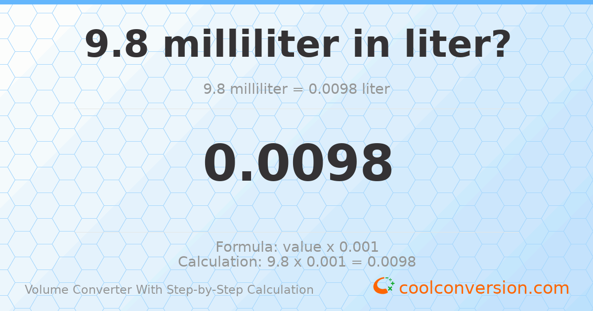 9.8 milliliters = 0.0098 liters