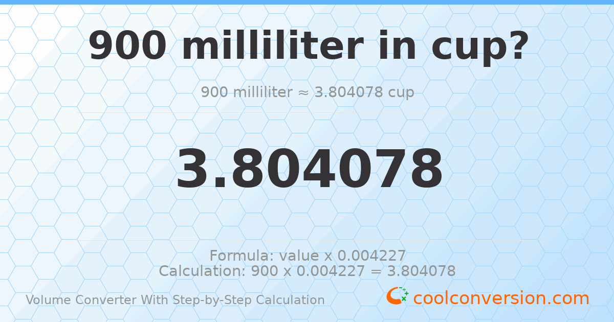 900 milliliters = 3.80408 cups