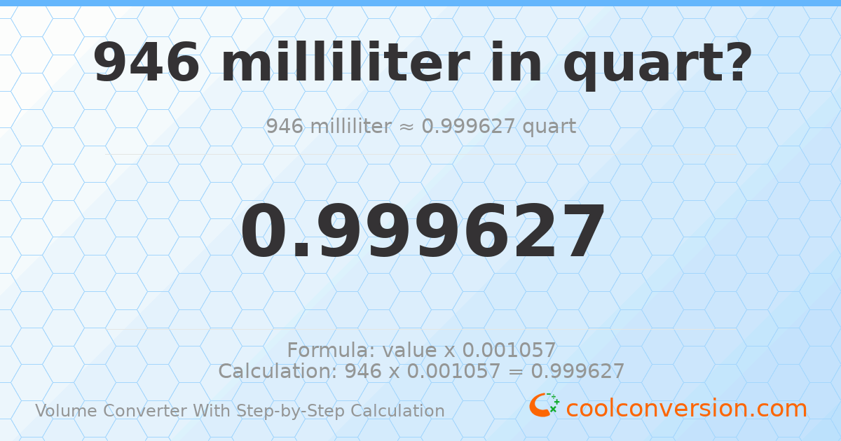 946 milliliters = 0.999627 quart