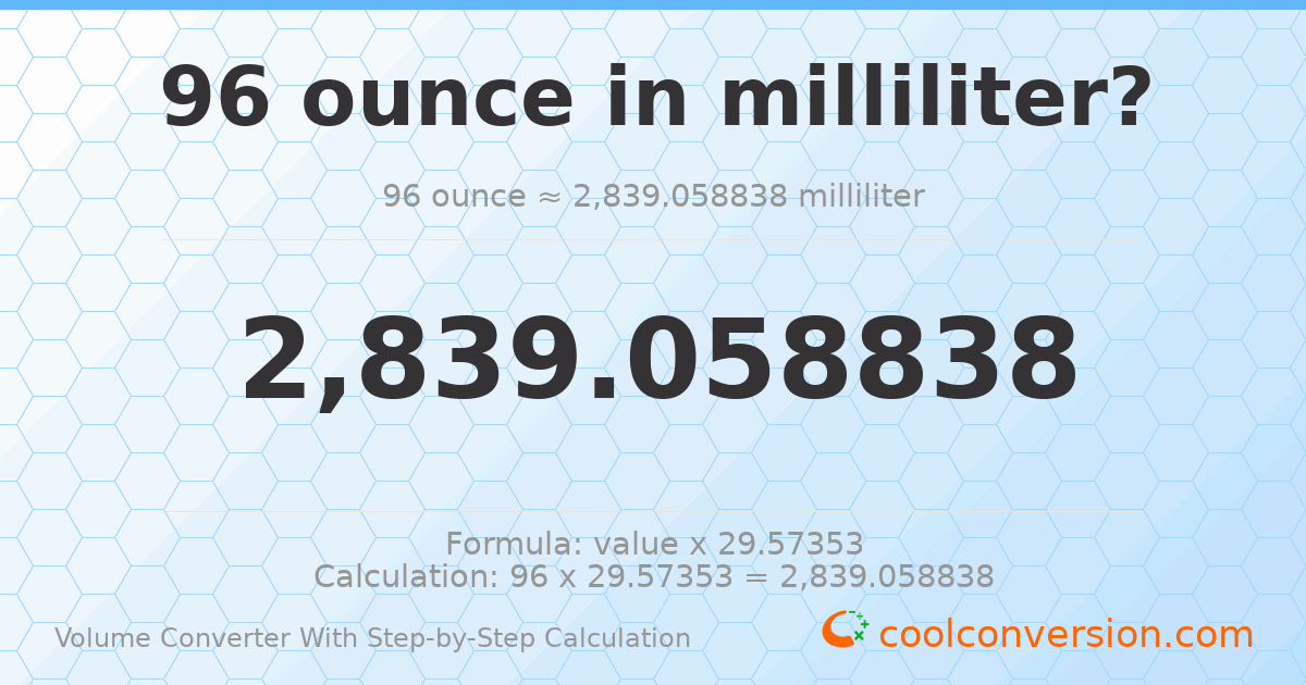 96 ounces = 2839.06 milliliters