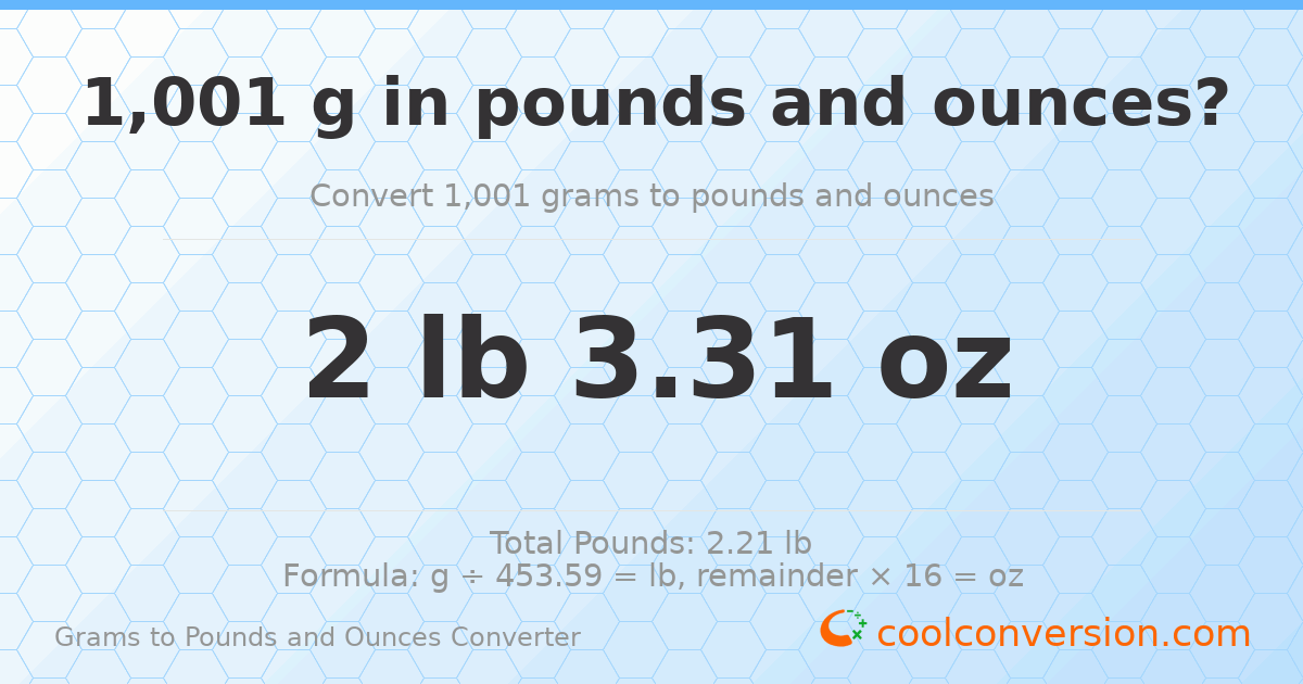 1001 g to lb and oz — 1001 g = 2 lb 3.31 oz
