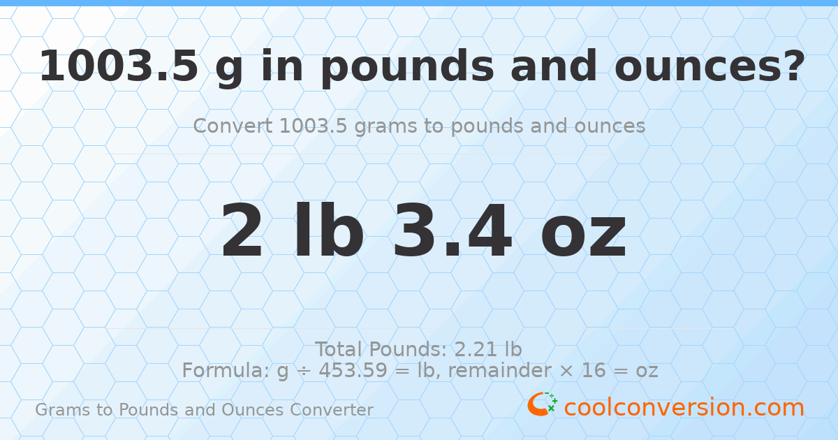 1003.5 g to lb and oz — 1003.5 g = 2 lb 3.4 oz