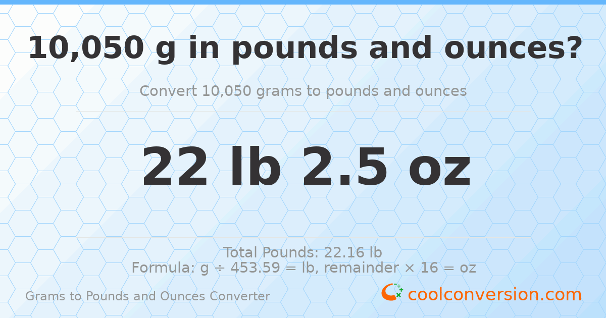 10050 g to lb and oz — 10050 g = 22 lb 2.5 oz