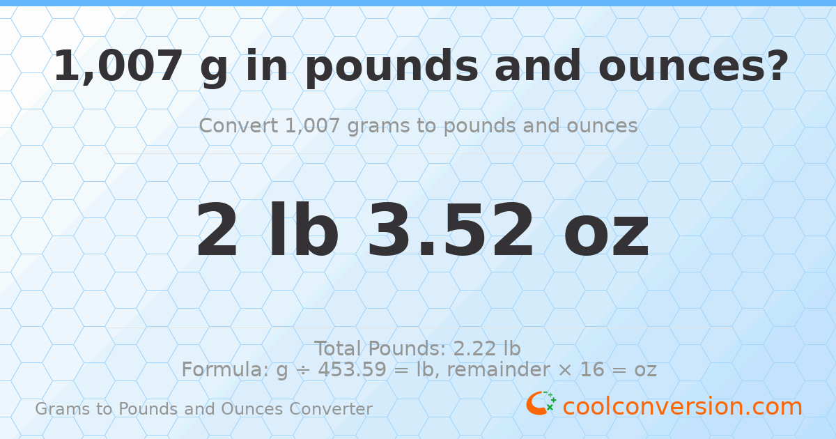 1007 g to lb and oz — 1007 g = 2 lb 3.52 oz