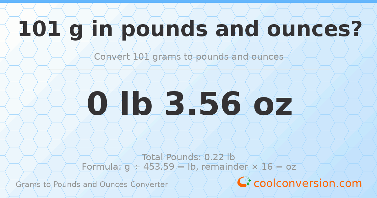 101 g to lb and oz — 101 g = 0 lb 3.56 oz