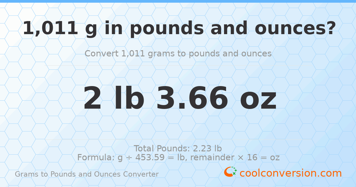 1011 g to lb and oz — 1011 g = 2 lb 3.66 oz