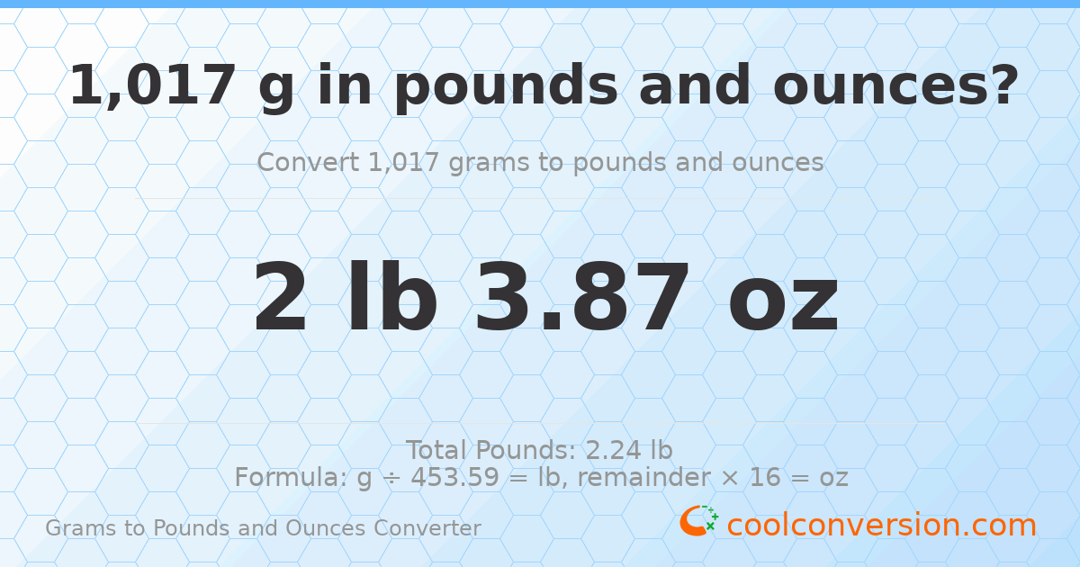 1017 g to lb and oz — 1017 g = 2 lb 3.87 oz