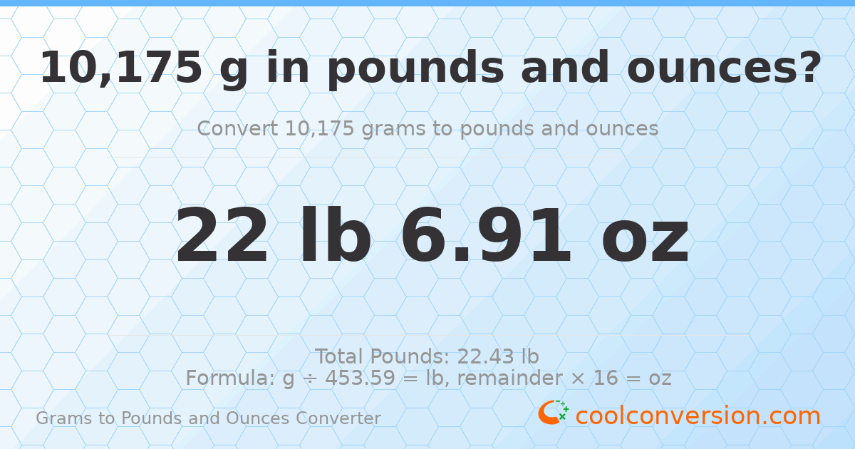 10175 g to lb and oz — 10175 g = 22 lb 6.91 oz