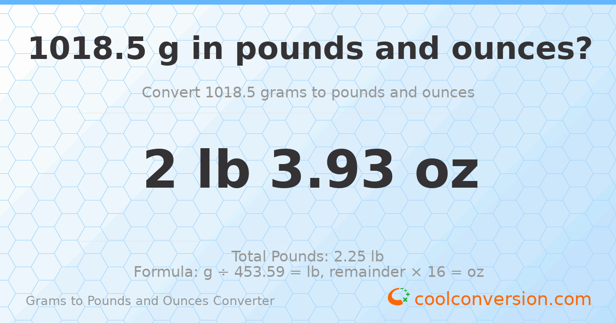 1018.5 g to lb and oz — 1018.5 g = 2 lb 3.93 oz
